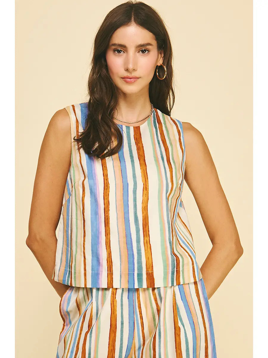 Pinch Multi Color Stripe Top with Button Detail