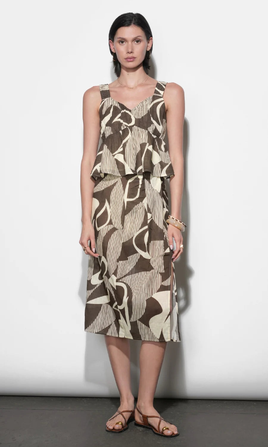 Greylin Iris Draped Midi Skirt Ecru/Brown