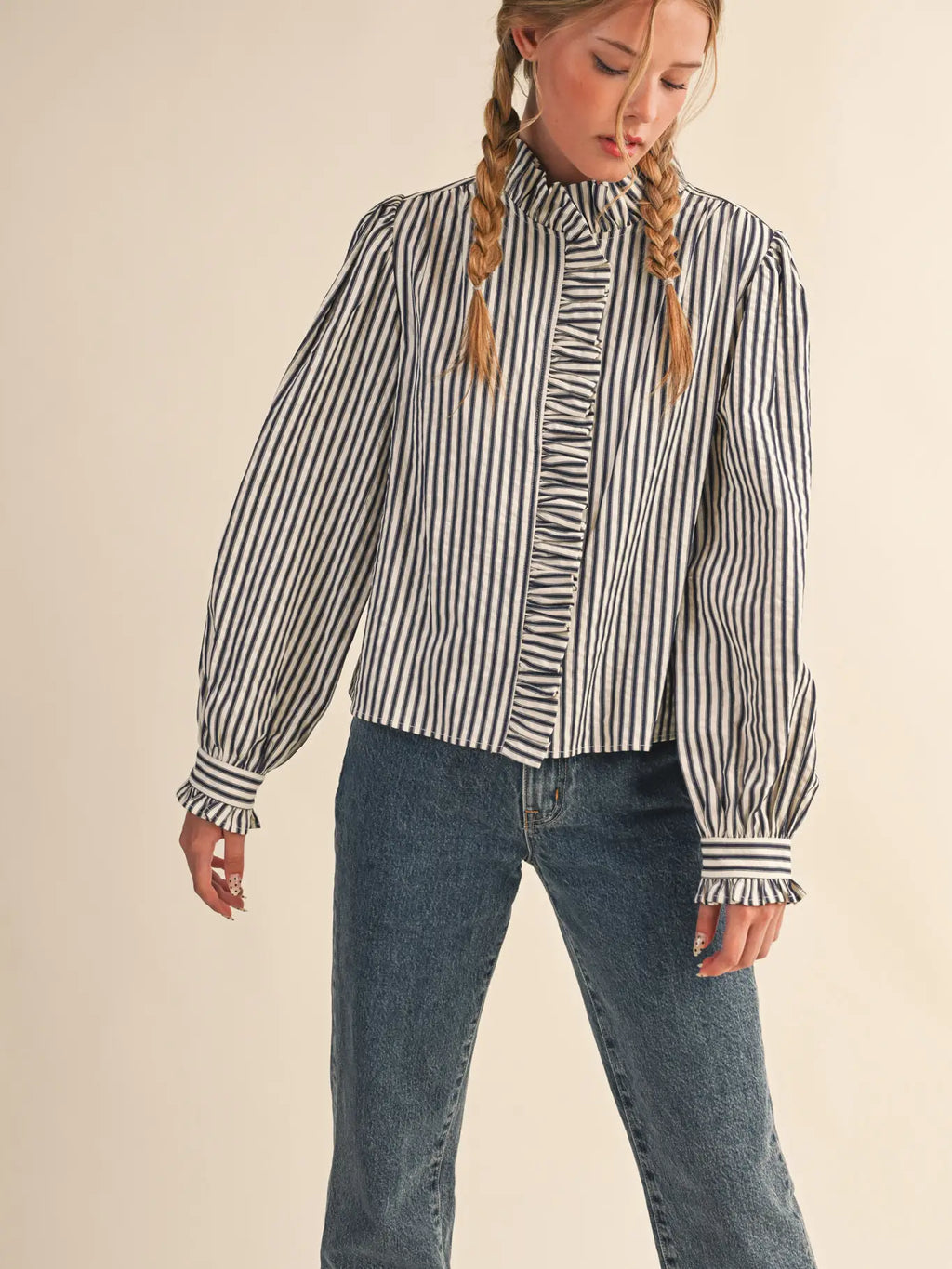&Merci Stripped Ruffled Button Down Long Sleeve