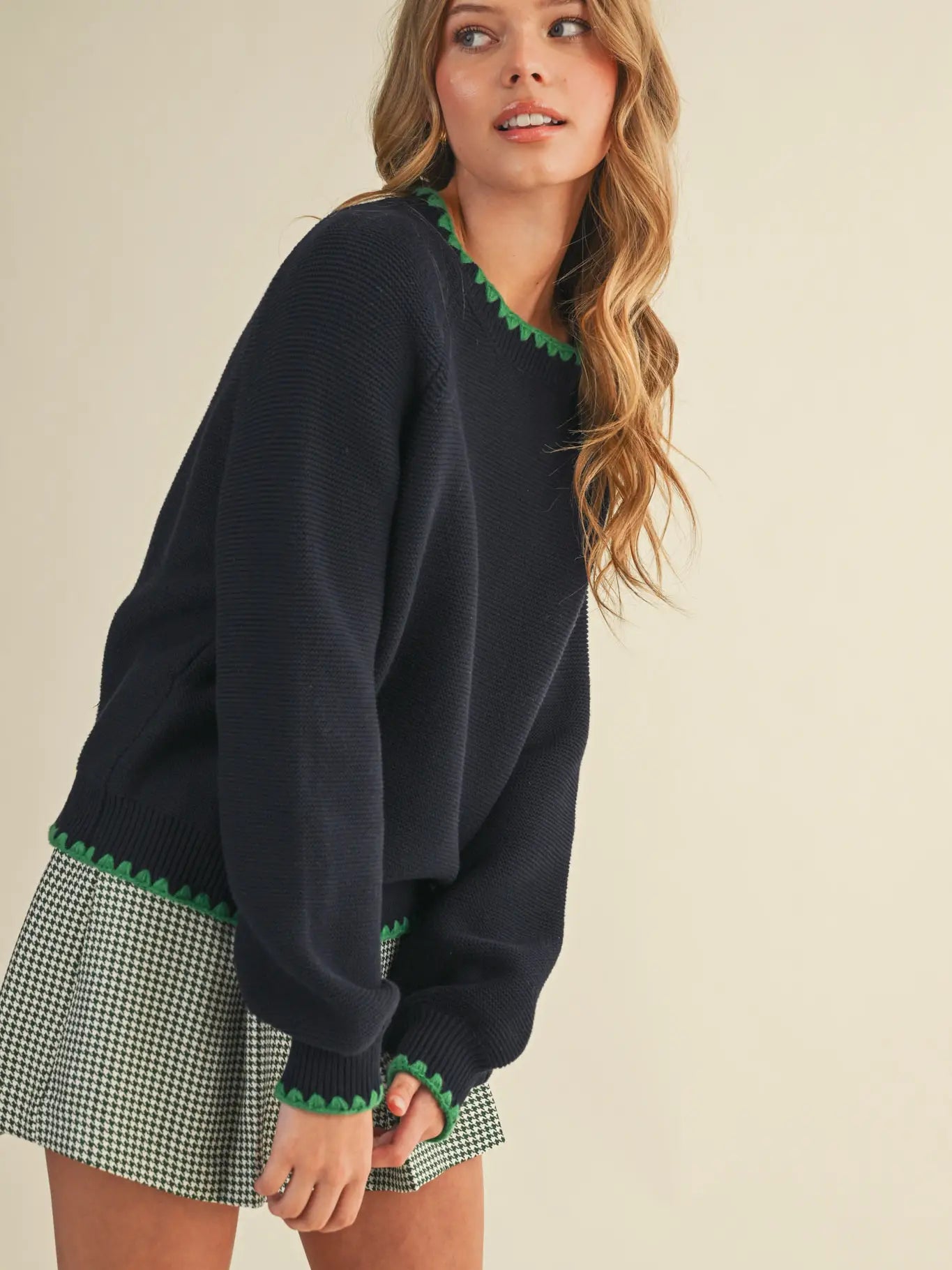 Detailed Crewneck Sweater Navy