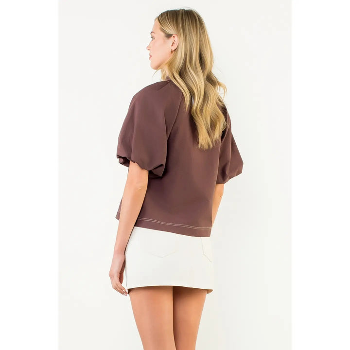 THML Puff Sleeve Solid V-Neck Top
