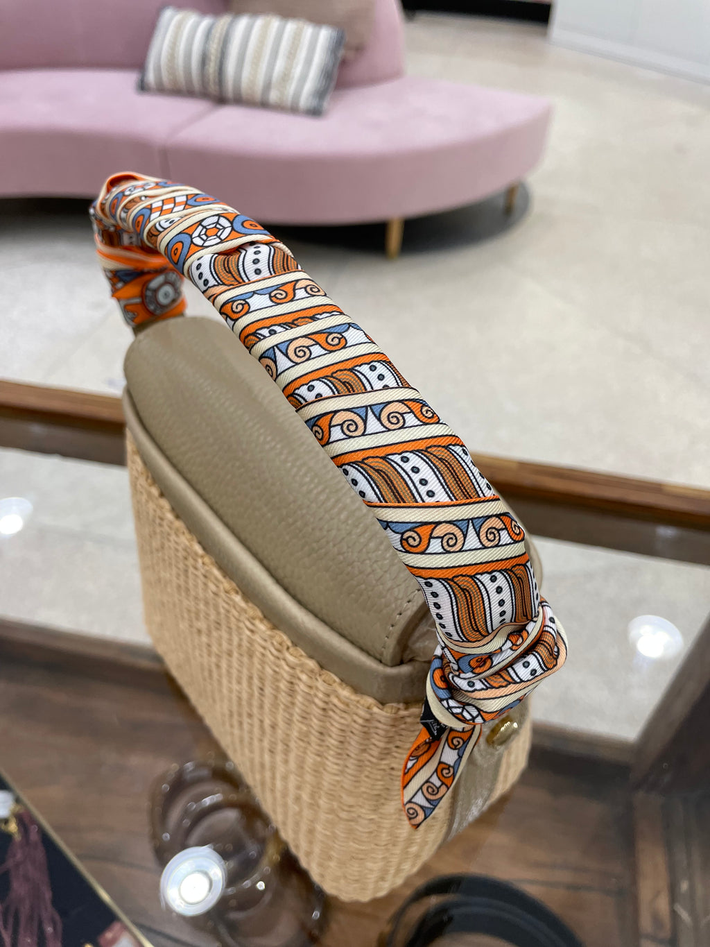 Genuine Italian Leather & Rattan Handle Bag With Twilly