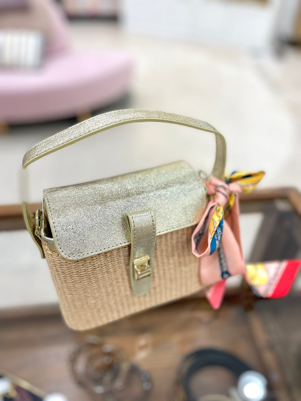 Genuine Italian Leather & Rattan Handle Bag With Twilly