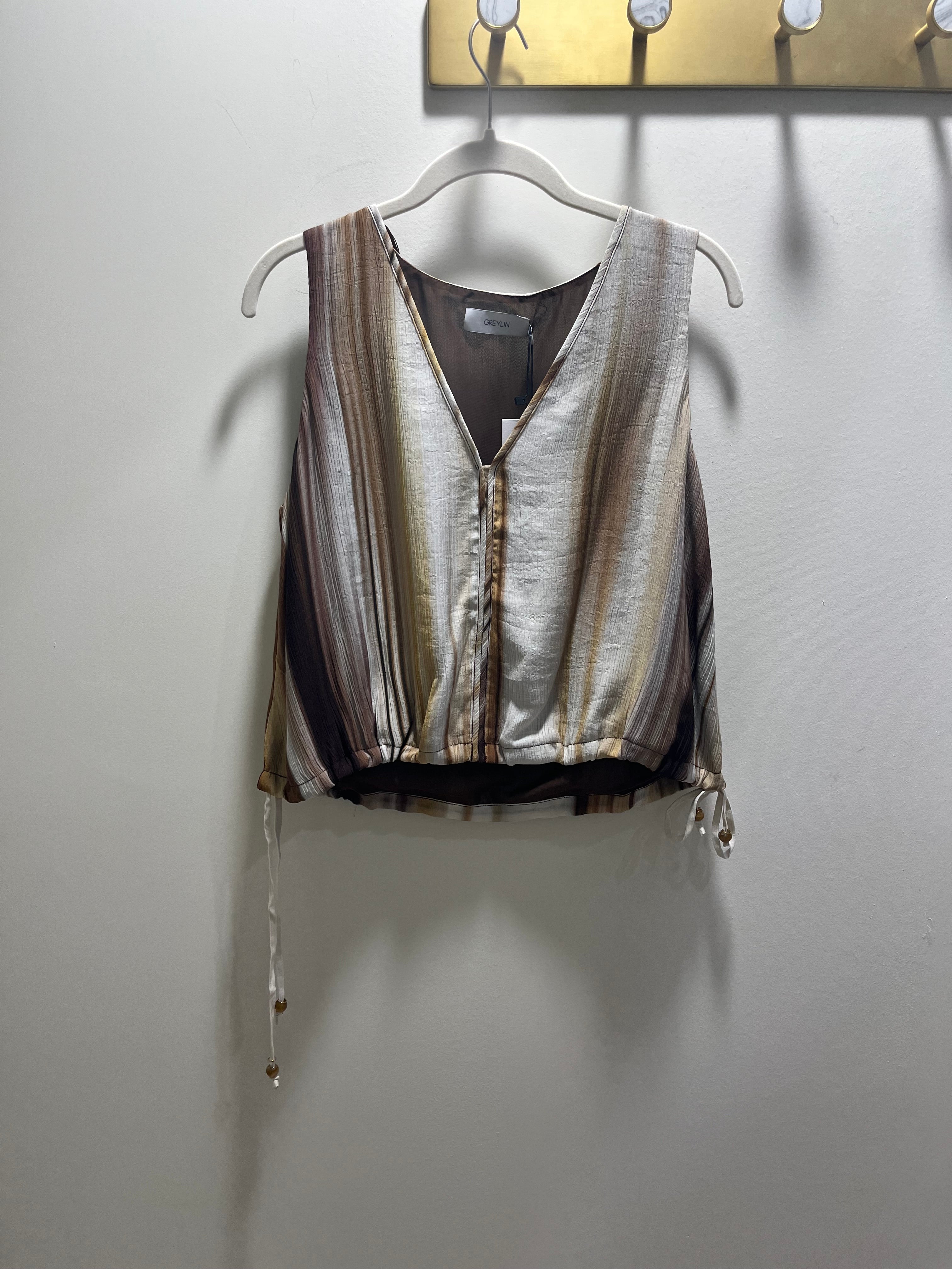 Greylin Valerie Vert Watercolor Sleeveless Top Mustard/Brown