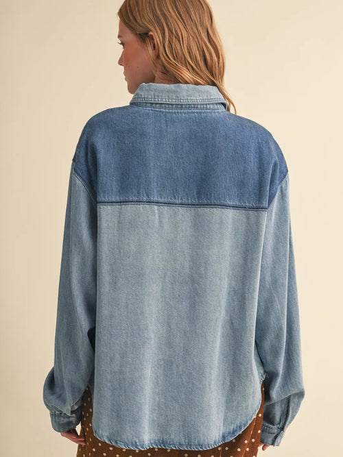 &Merci ColorBlocked Wash Denim Button Up Top