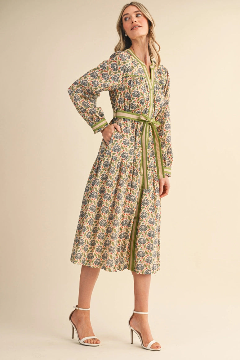 Green Pattern Midi Tie Dress