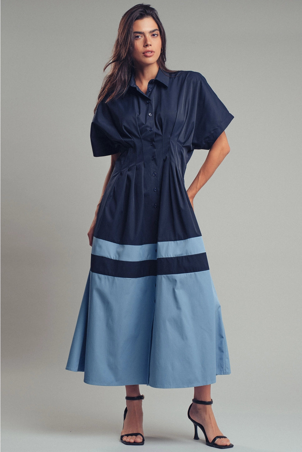 Color Block Button Down Dress Blue