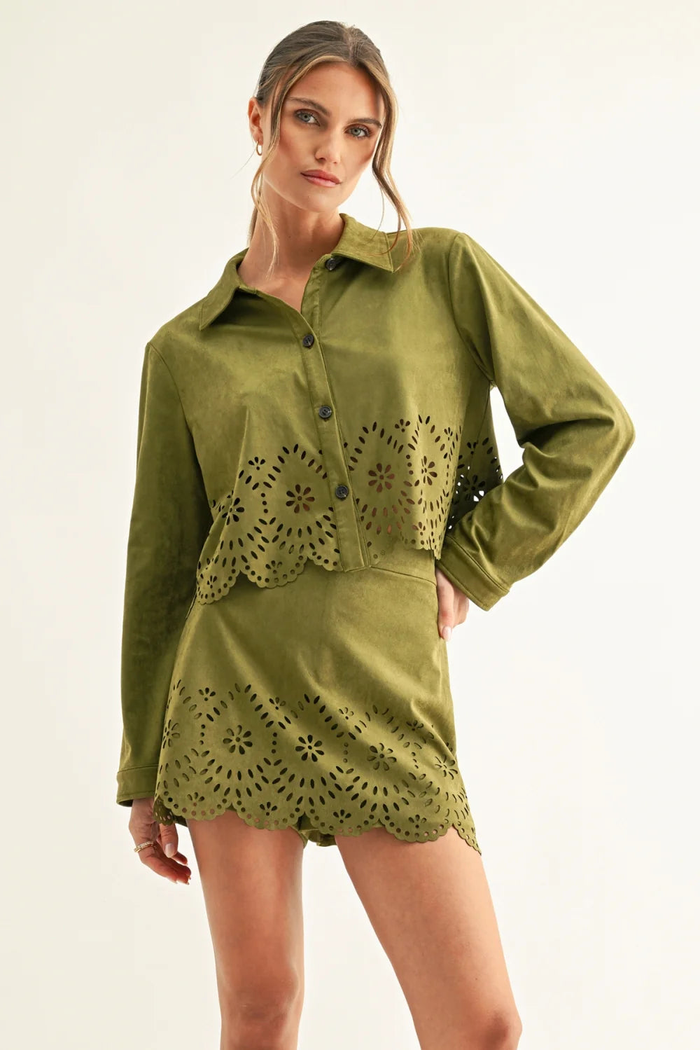 Adelyn Rae Eyelet Faux Suede Cropped Shirt