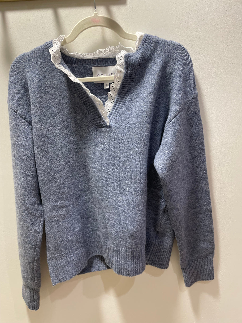 &Merci Lace Ruffle Trim V-Neck Sweater