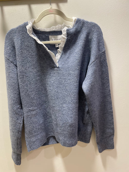&Merci Lace Ruffle Trim V-Neck Sweater