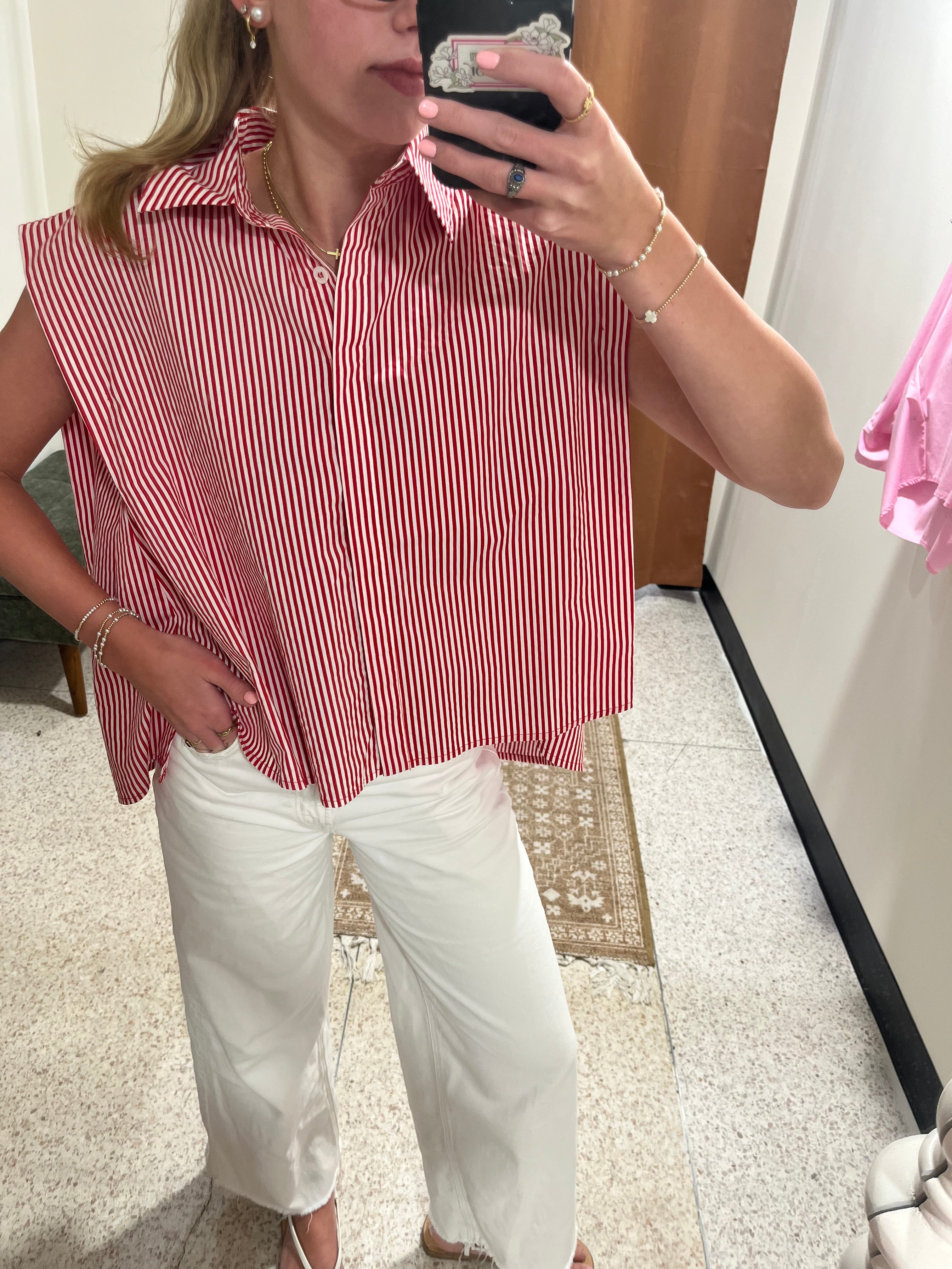 JiJi Red and White Striped Button Down