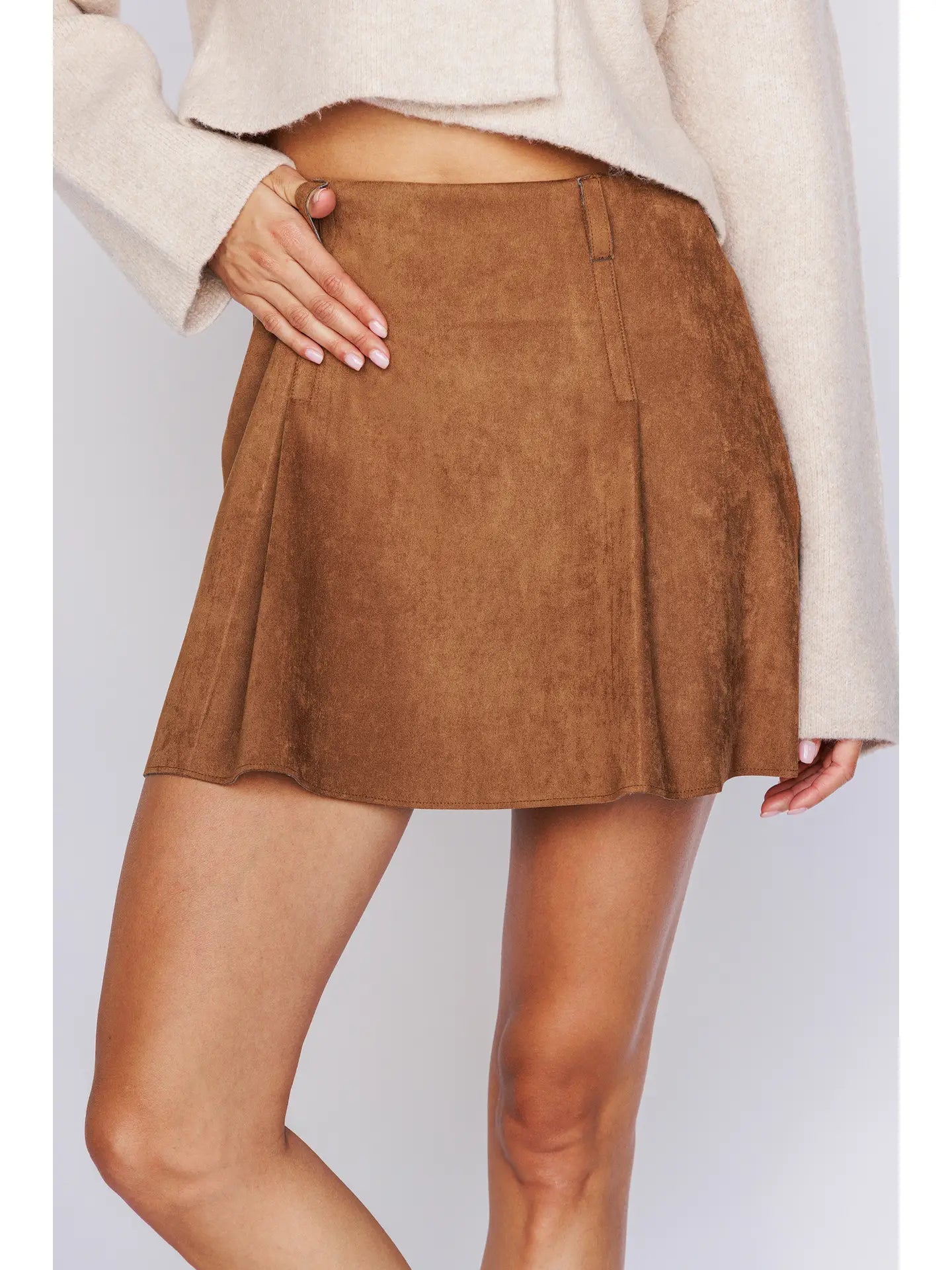 Brown Pleat Suede Mini Skirt