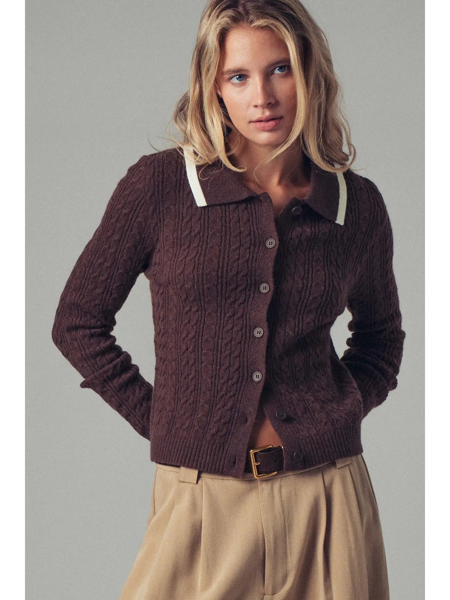 Chocolate Contrast Collar Cable Knit Sweater
