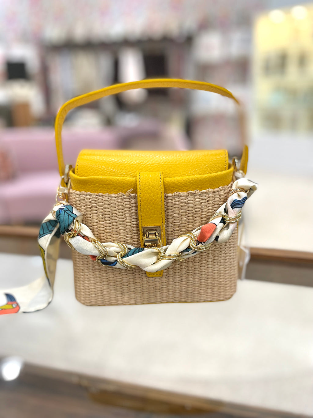 Genuine Italian Leather & Rattan Handle Bag With Twilly