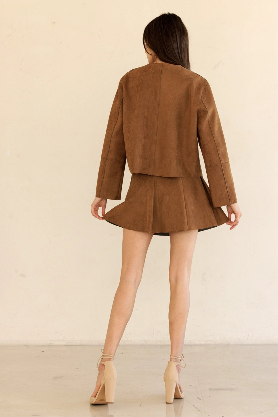 Brown Pleat Suede Mini Skirt