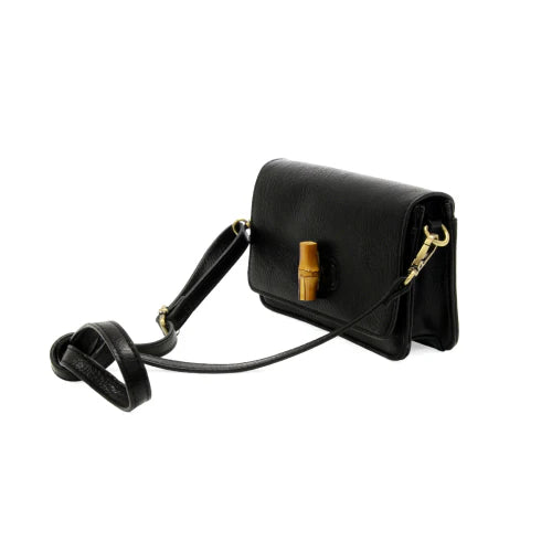 Susan Joy Black Bonnie Mini Organizer Bamboo Turnlock Crossbody