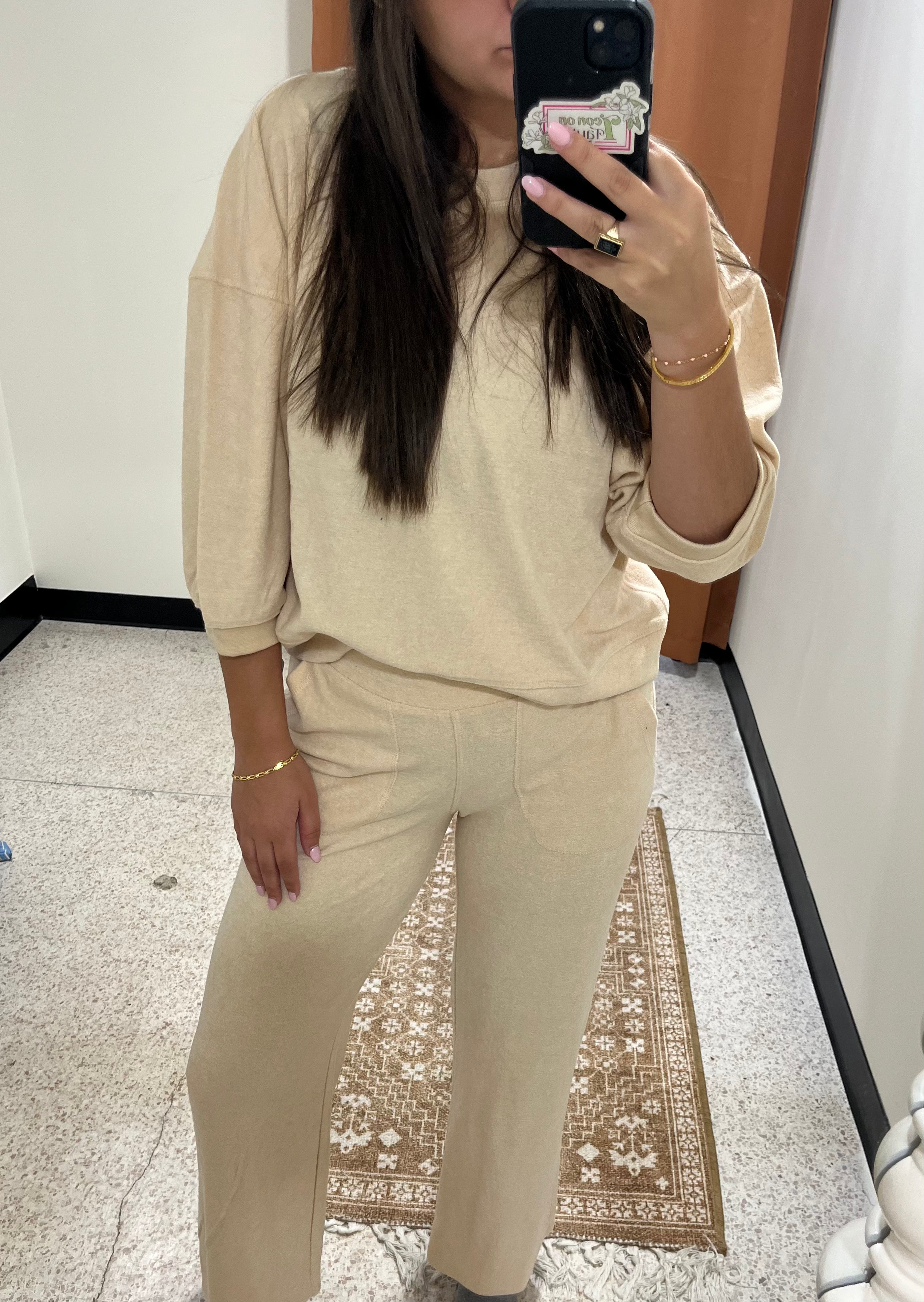 Softies Terry Cropped Sleeve Crew Neck With Wide Leg Pant