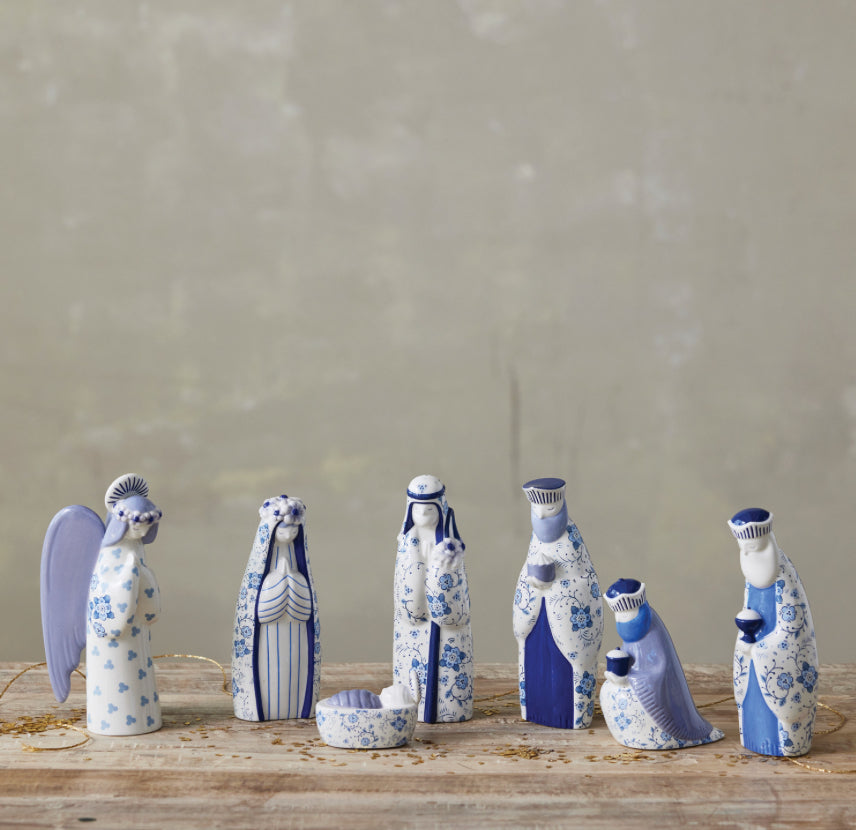Creative Co-Op Ceramic Nativity Set Of Seven Blue & White Floral