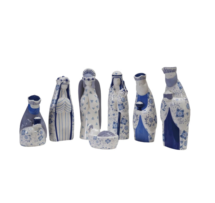 Creative Co-Op Ceramic Nativity Set Of Seven Blue & White Floral