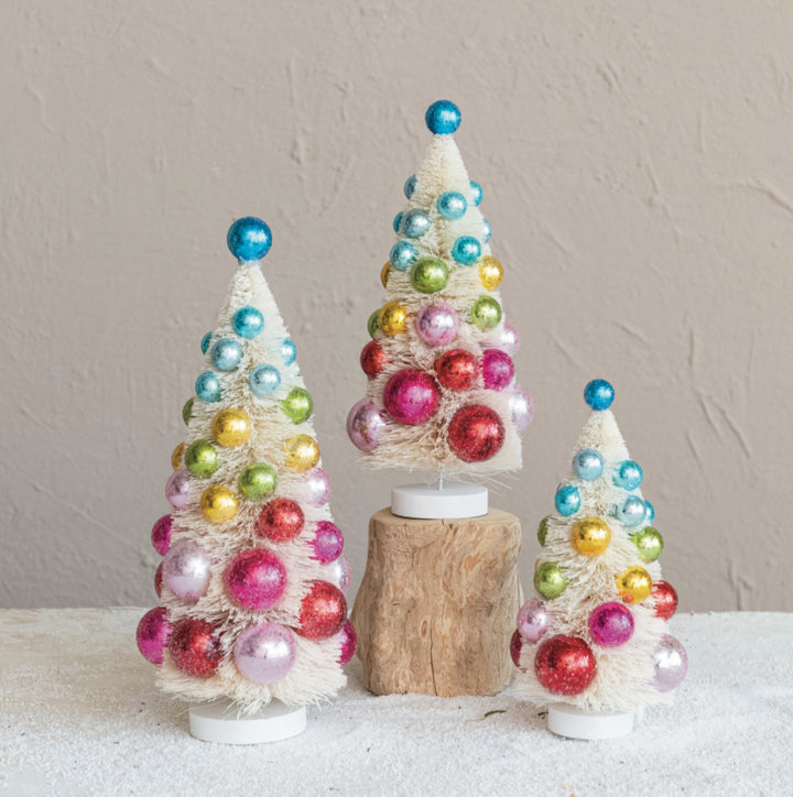 Creative Co-Op Sisal Bottle Brush Trees with Ornaments & Wood Base Set Of Three
