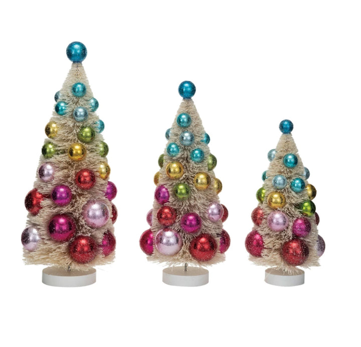Creative Co-Op Sisal Bottle Brush Trees with Ornaments & Wood Base Set Of Three