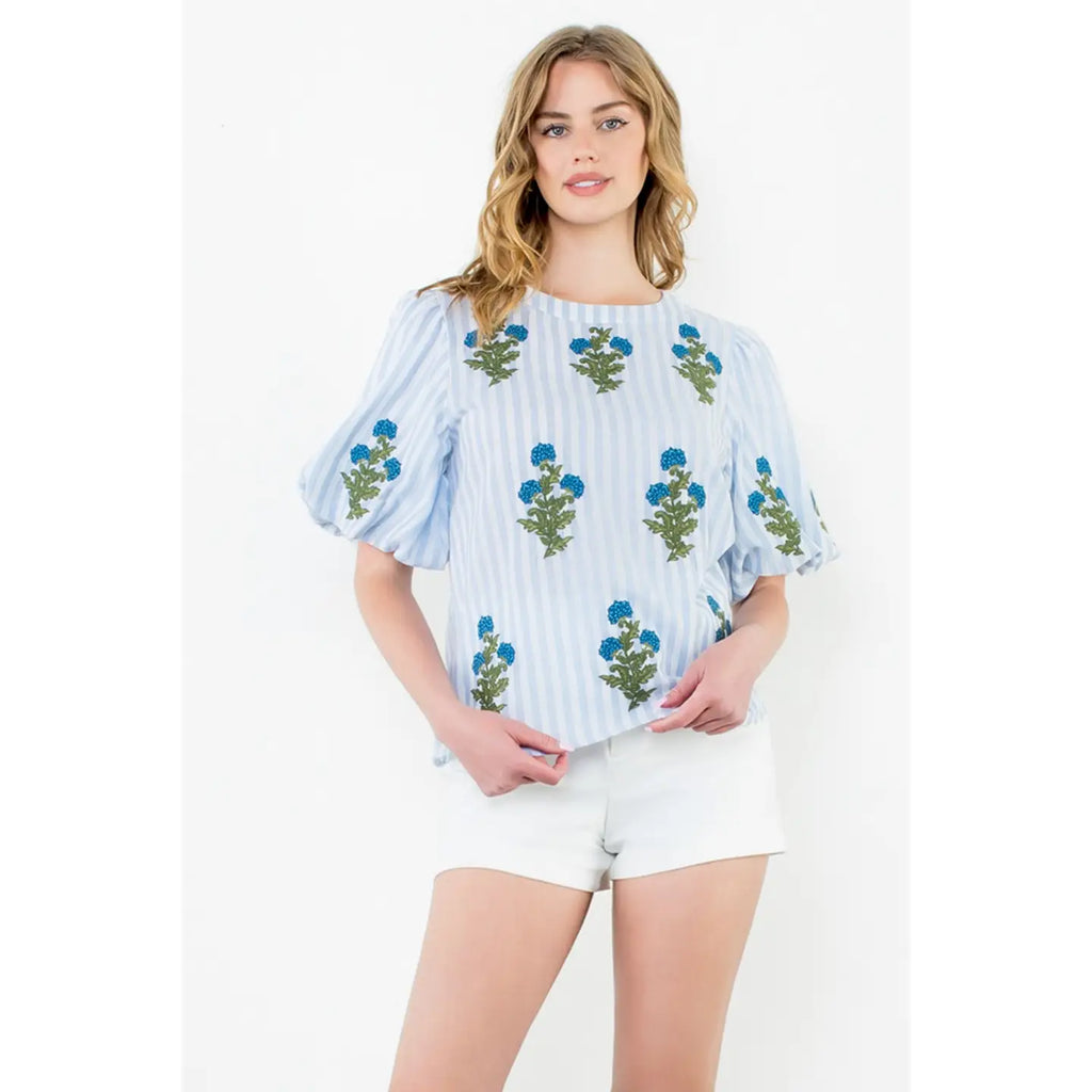 THML Blue Striped Embroidered Hydrangea Top