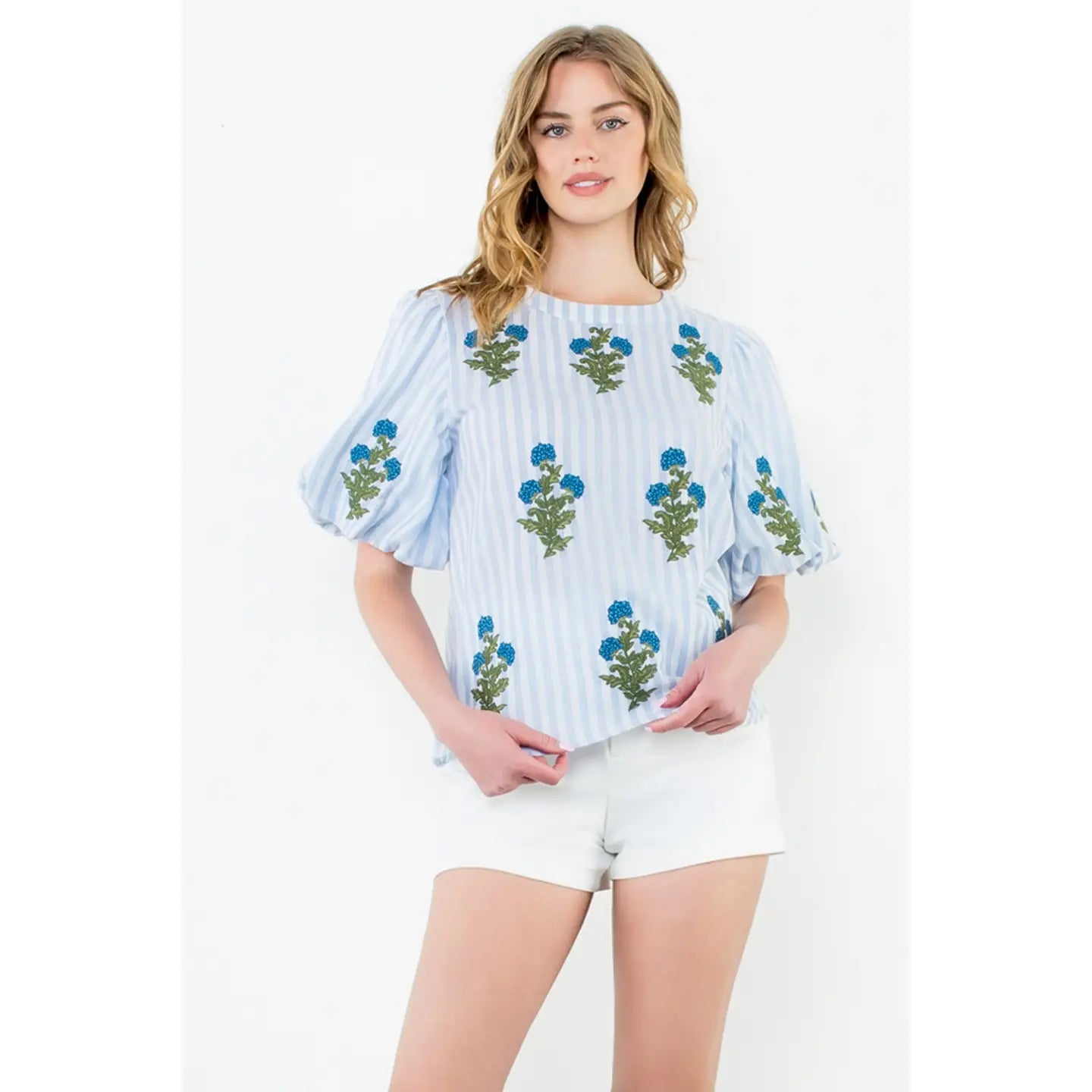 THML Blue Striped Embroidered Hydrangea Top