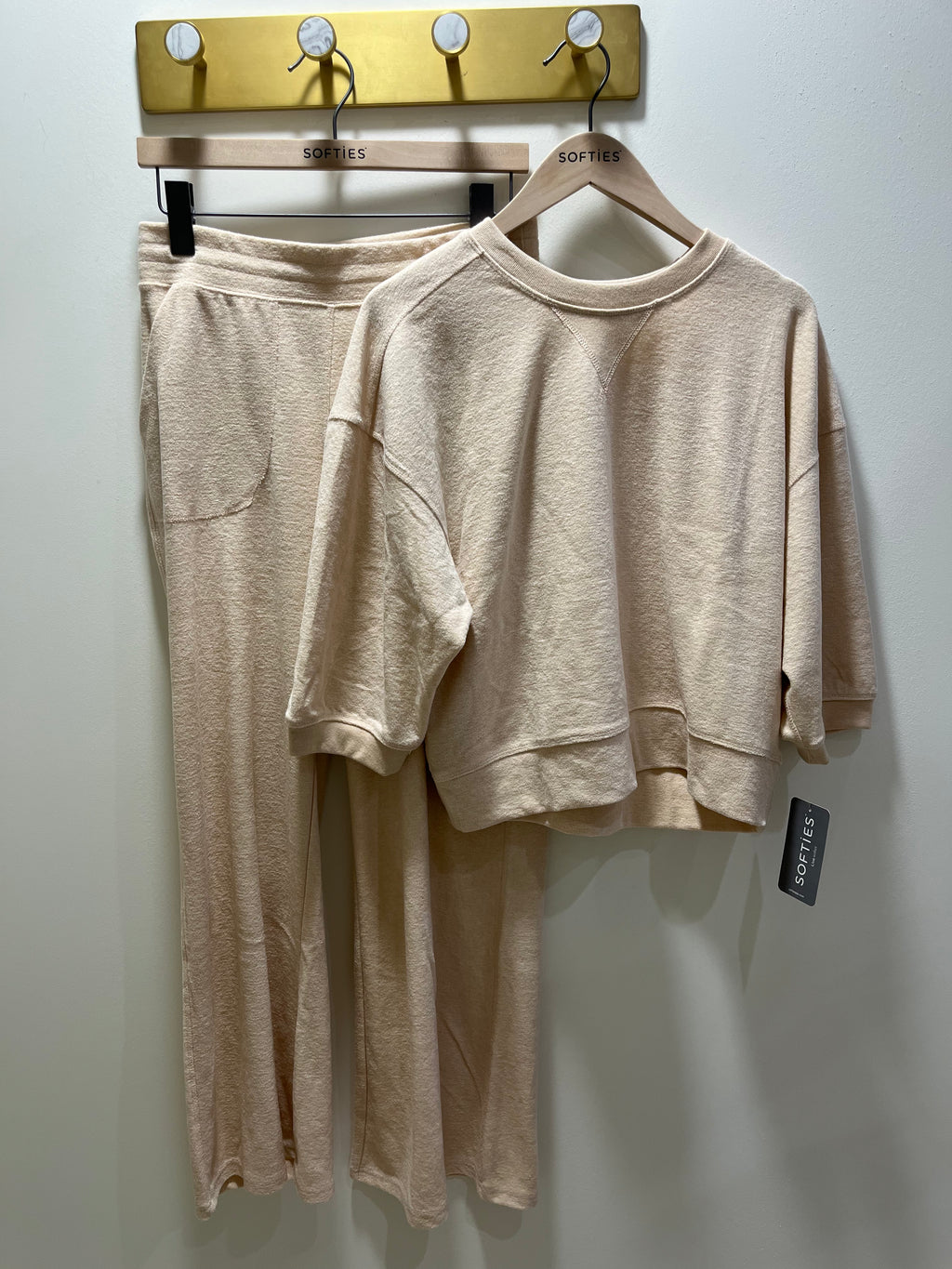 Softies Terry Cropped Sleeve Crew Neck With Wide Leg Pant