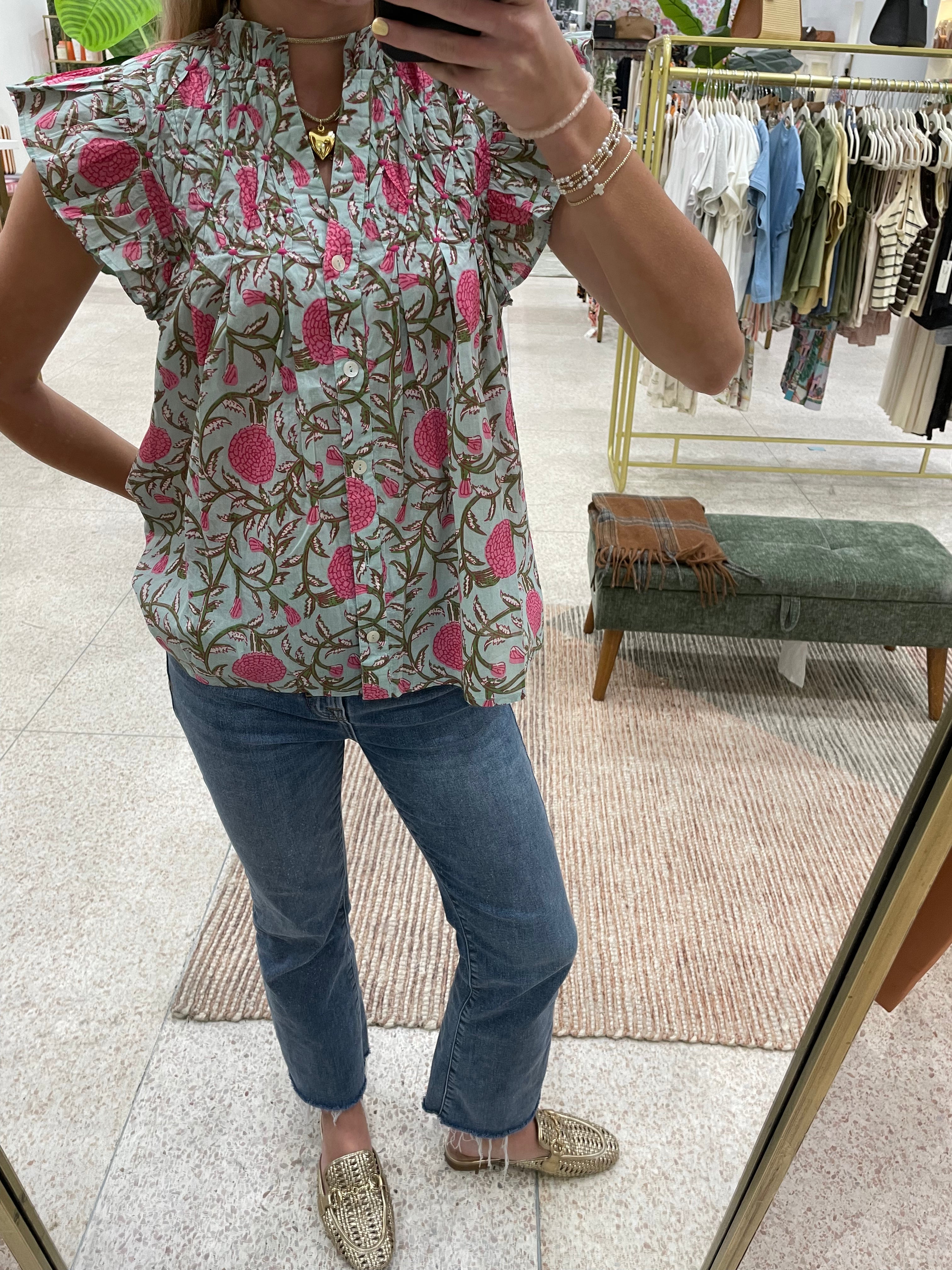 THML Flutter Sleeve Floral Detail Button Up Top