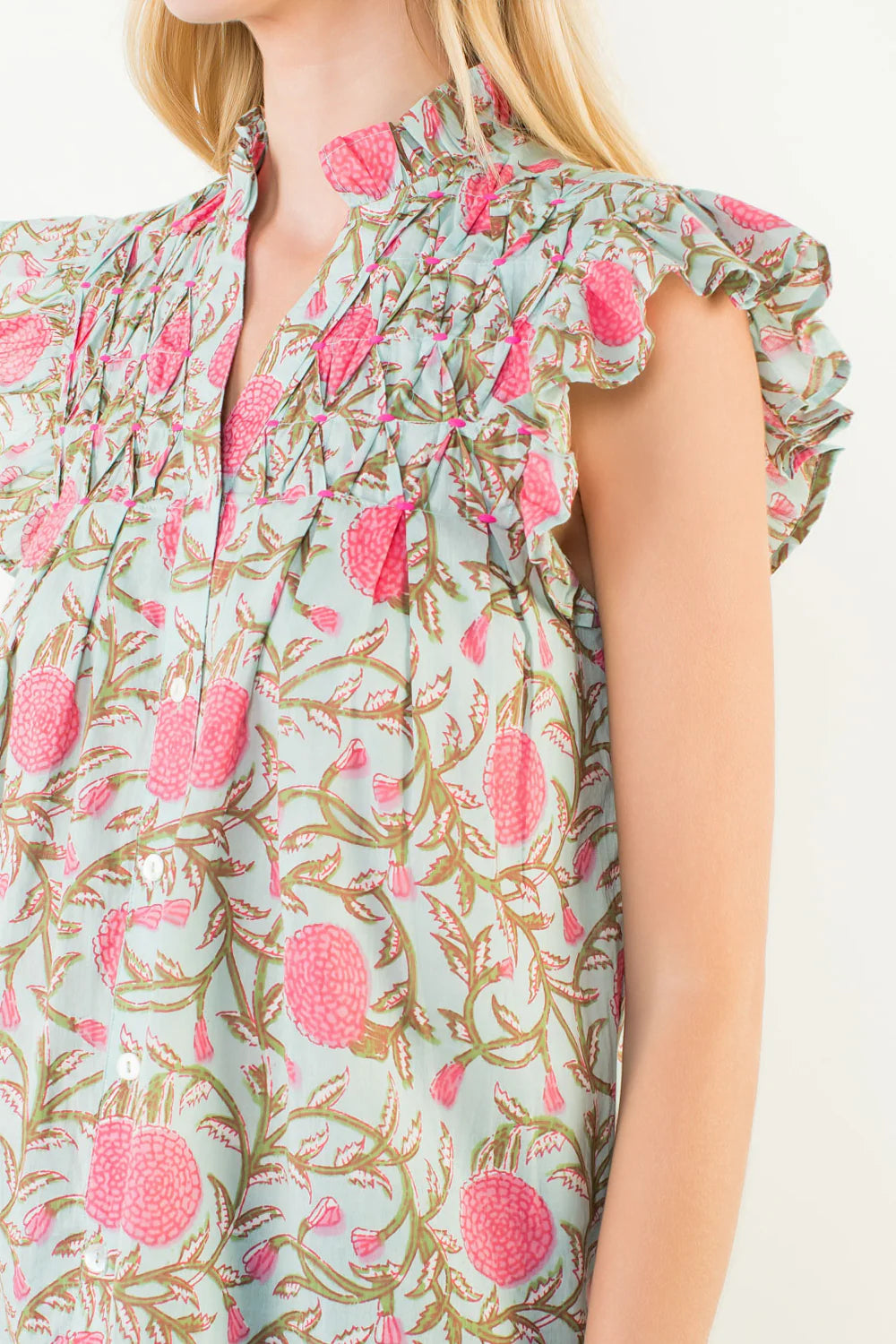 THML Flutter Sleeve Floral Detail Button Up Top