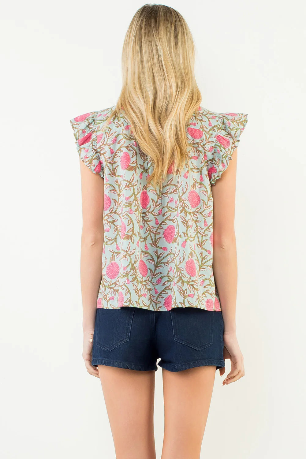 THML Flutter Sleeve Floral Detail Button Up Top