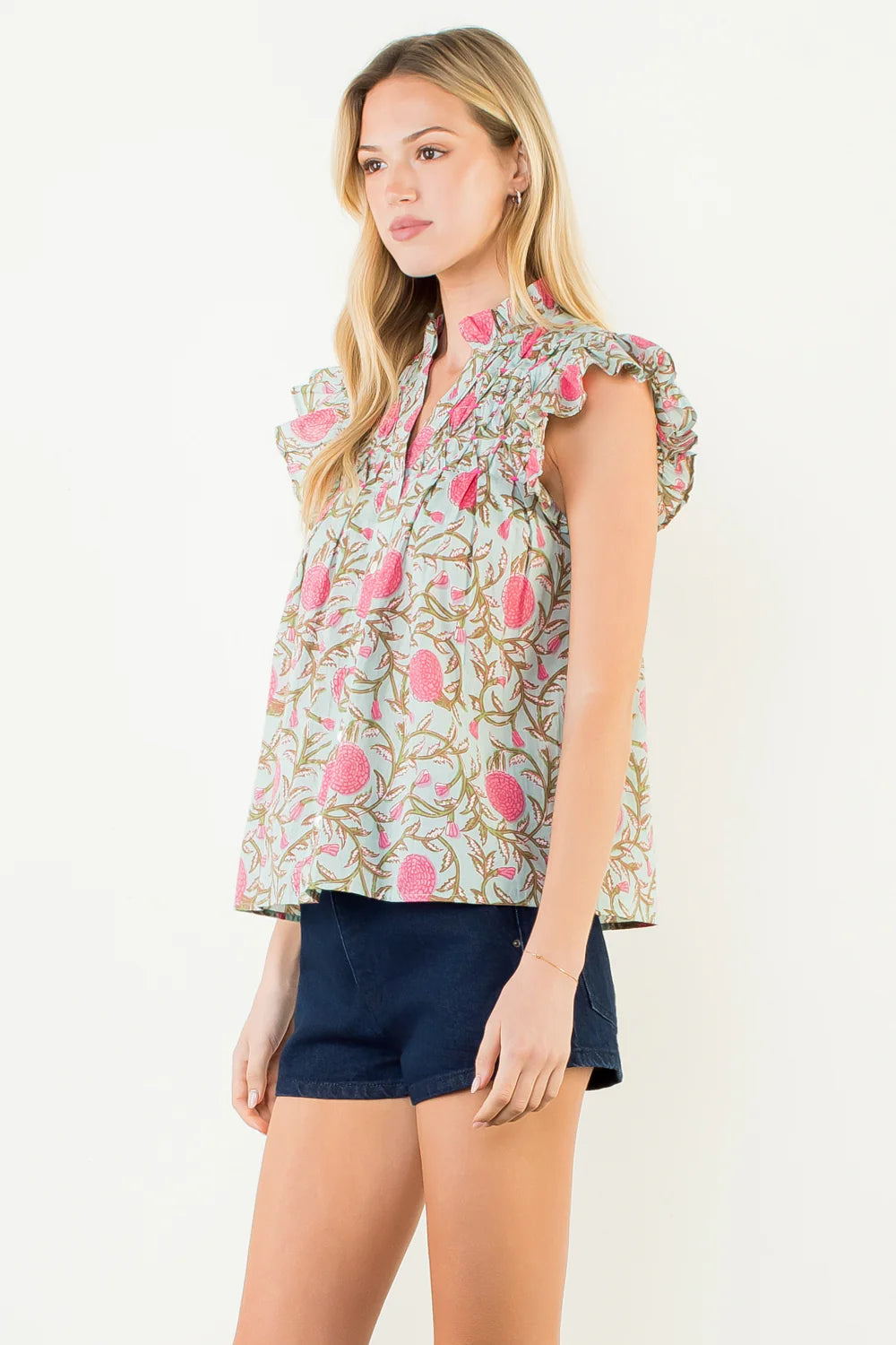 THML Flutter Sleeve Floral Detail Button Up Top