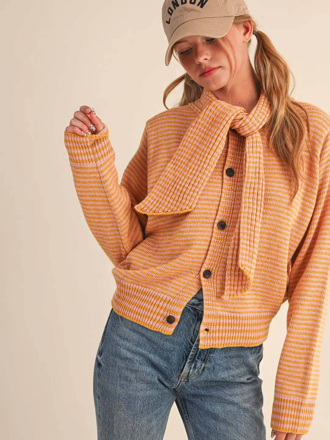 &Merci Striped Tying Neck Sweater Cardigan