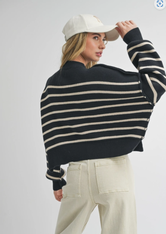 Striped Pattern Mock Neck Sweater